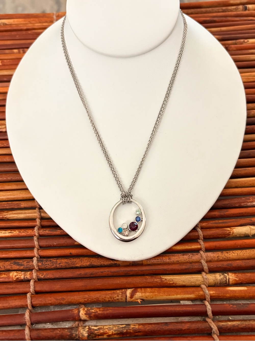 Lia Sophia Silver Circle Pendant Necklace with Multicolored Gems 16”-19”